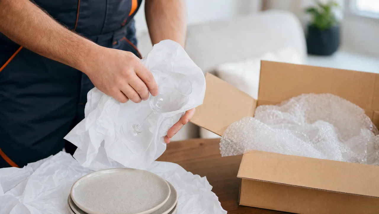 Hands wrapping a glass in packing paper beside a box of cushioned crockery