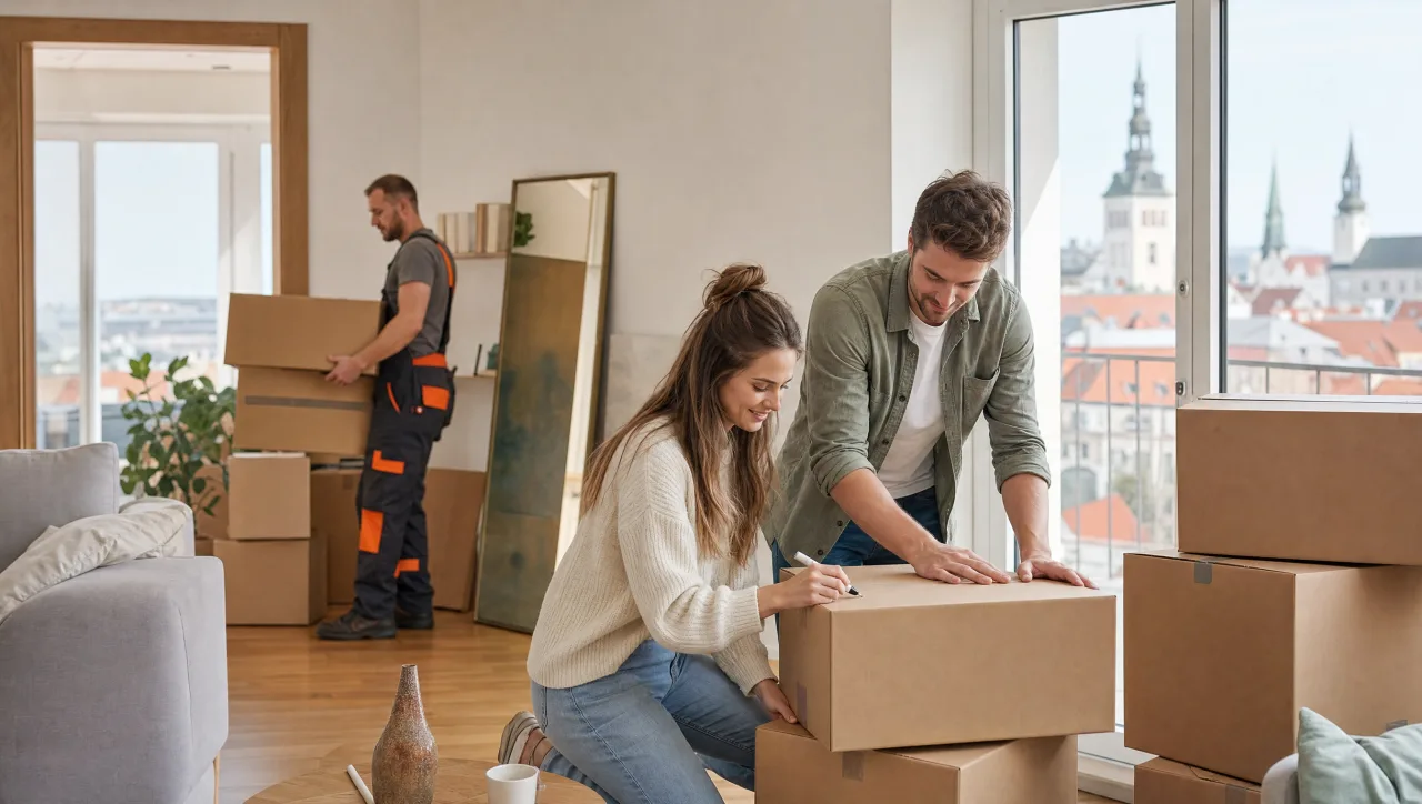 Labelled moving boxes and a planning checklist on a kitchen counter in a Tallinn apartment
